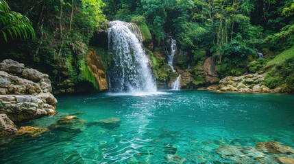 A tranquil blue pool is fed by a serene tropical waterfall amidst the lush greenery of a secluded oasis, forming a picturesque and peaceful setting.