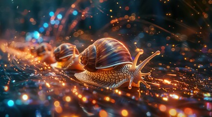 A group of snails are on a surface with a bright, colorful background. The snails are all different sizes and colors, and they seem to be enjoying the bright lights. Scene is cheerful and playful