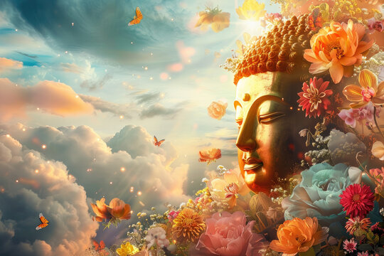 golden buddha with colorful flowers and cloud with heaven light