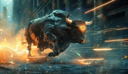 Zelfklevend Fotobehang A bull is running through a city with sparks flying behind it. The image has a sense of danger and excitement, as the bull is in the midst of a battle or chase © Thanyaporn
