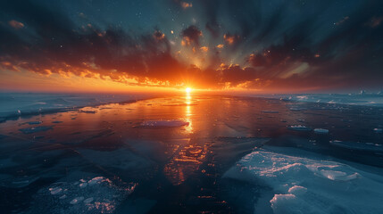 The sun sets behind a majestic Arctic iceberg, casting a warm glow over the icy landscape and calm...
