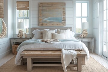 A coastal-style bedroom oasis, featuring whitewashed walls