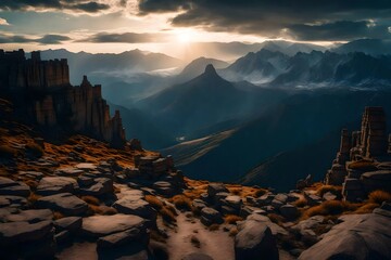 Plateau mountains wearing the cloak of twilight, a tranquil vista beneath the vast sky. - obrazy, fototapety, plakaty