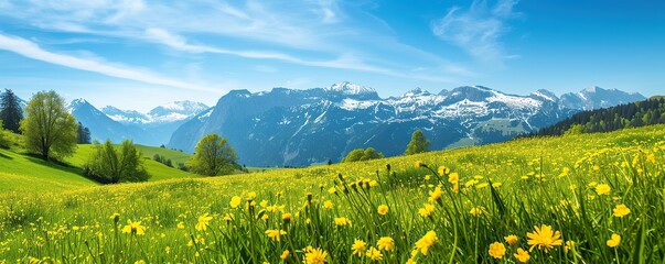 View of meadows and flowers in a mountain valley when the sky is clear