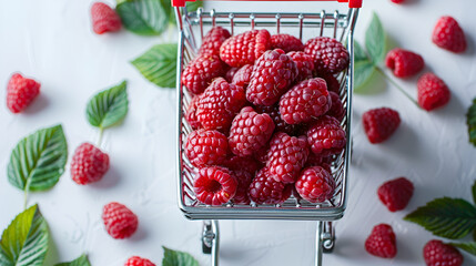 ripe raspberries in the shopping cart, generative ai - obrazy, fototapety, plakaty