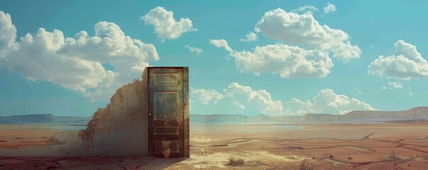 Wooden old door opened in sunn light desert.