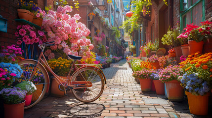 A bicycle leans against a vibrant mural in a bustling summer alley surrounded by pots of blooming flowers that fill the space
