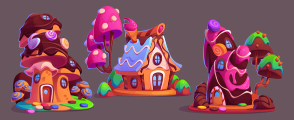 Candy houses set isolated on black background. Vector cartoon illustration of sweet land design elements, gingerbread houses with chocolate roof, lollipop and ice cream decoration, dessert buildings - obrazy, fototapety, plakaty