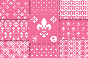 Geometric floral set of seamless patterns. White and pink vector backgrounds. Damask graphic ornaments