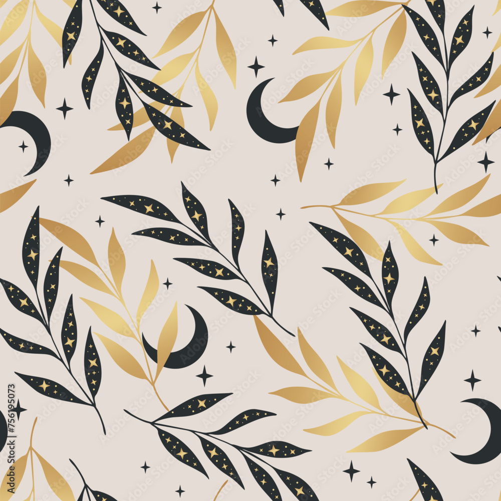 Wall mural vector golden seamless pattern with moon, plants and stars. mystical boho background for design of f