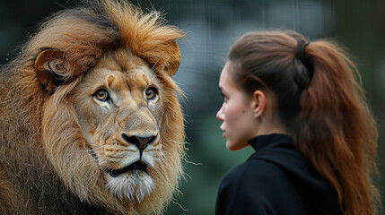 Photo of Lion making eye contact with a woman