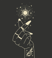 Magic sun and woman hands. Alchemy esoteric magic space, vector isolated on black background.
