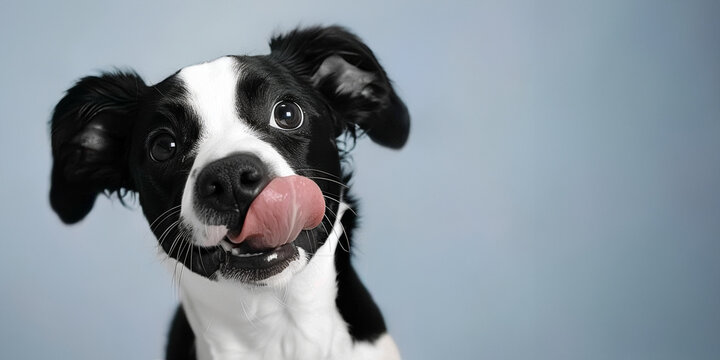 Playful black and white puppy with a joyful expression, licking its nose on a blue background. Generative AI panoramic image with copy space.