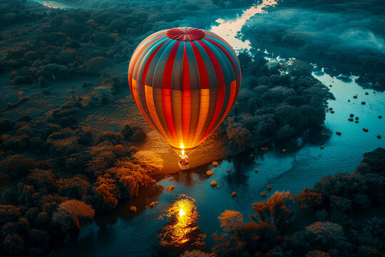 A hot air balloon hovers silently above a landscape where each feature from rivers to forests shines in electric hues offering an aerial view of a world alight with fantasy