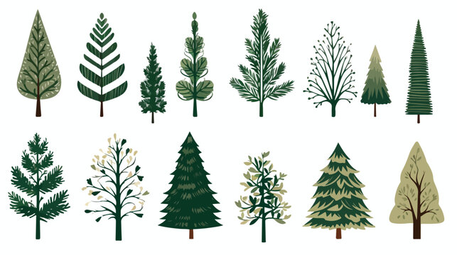 Christmas tree set Hand drawn illustrations. flat vector