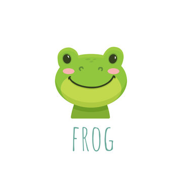 cute cartoon frog. Animal in flat style. Little frog face for cards, magazins, banners. Vector illustration
