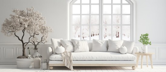 Stylish white room with sofa in Scandinavian style.