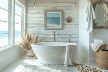 A coastal-inspired bathroom with whitewashed walls