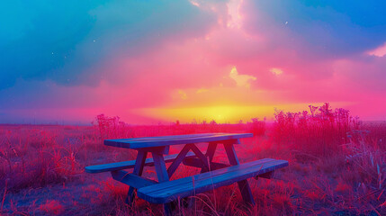 A vacant picnic table set in a meadow exploding with colors more vivid than the rainbow under the...