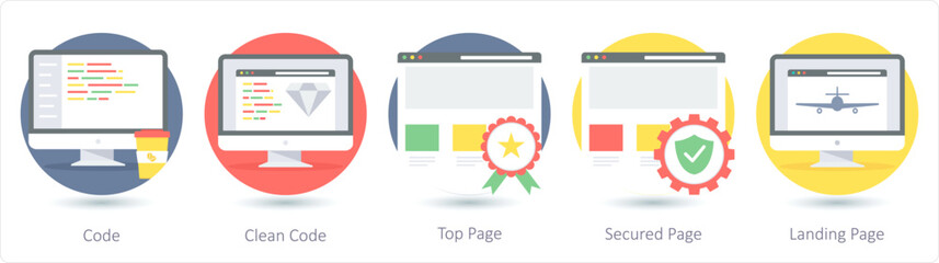 A set of 5 Web Layout icons as code, clean code, top page