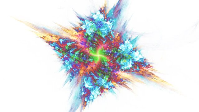 Multicolored glowing particles forming lozenge, rhombic shape, rotating, mixing, combining on white. Abstract hypnotic background transformation. Fractal luminous elements motion. 4K UHD 4096x2304