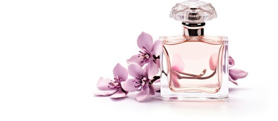 A liquid violet perfume bottle surrounded by magenta flowers in a still life photography on a white background. The artful composition features detailed plant petals and intricate drawings