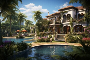 A luxurious mansion with a pool and palm trees - obrazy, fototapety, plakaty
