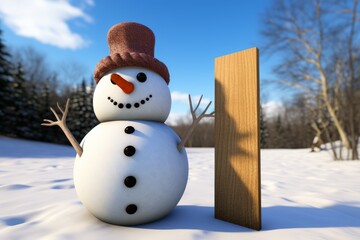 Fototapeta premium A 3D rendering of a snowman wearing a purple top hat standing in a snowy field next to a wooden sign