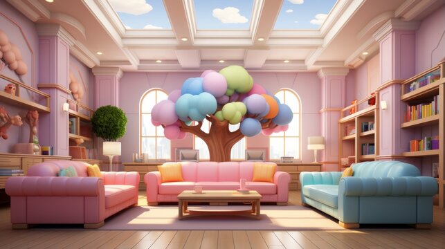 A surreal living room with a tree of balloons in the center
