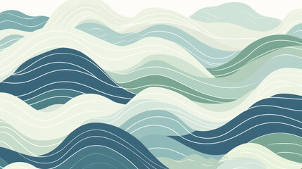 Hand-drawing abstract Japanese wave background with line wave pattern. Japanese ancient style. Mountain landscape and ocean object in oriental style, blue, indigo and green tone