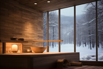 Wooden sauna room interior with large windows overlooking snowy forest landscape