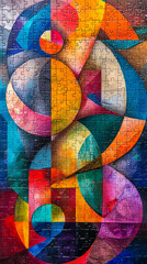 A vibrant jigsaw puzzle with abstract, colorful shapes in blue, orange, red, and purple hues.