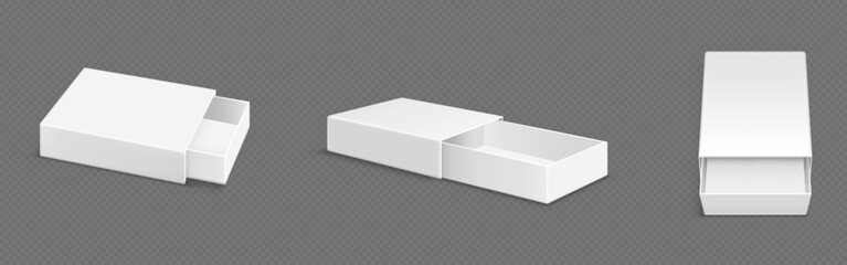 White blank open slide box mockup. Realistic vector illustration set of different view angles on empty rectangular matchbox or gift package of drawer type template. Slide carton pack with sleeve.