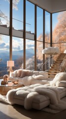 Fototapeta na wymiar Modern house interior with large windows and a view of the mountains