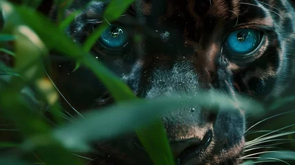 Foto auf Leinwand A close up of the blue eyes of a black panther hidden in the jungle.  © PSCL RDL