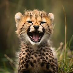 A cute baby cheetah is playing cheerfully. Animal concept suitable for life and growth.