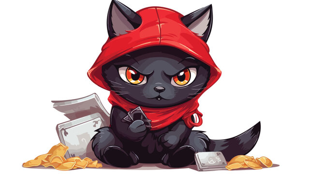 Cute ninja cat gets a bag of money with a magnet fla