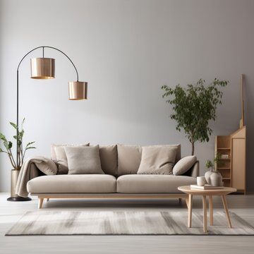 A stylish living room with a comfortable sofa, coffee table, and stylish floor lamp.