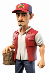 A delivery man wearing a red cap and vest is holding a package