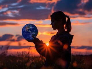 Silhouette of a person holding a globe against a sunset