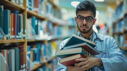 Medical students walk in the library carrying a stack of books. Generate AI image