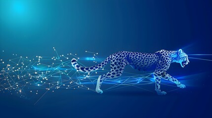 Abstract cheetah running form lines and triangles, point connecting network on blue background.
