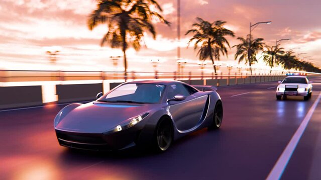 Silver sports car outrunning police car on coastal highway at sunset