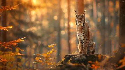 Gordijnen Adult eursian lynx in autmn forest gazing to the camera. Endangered predator in natural environment in evening light with vivid colors. © PSCL RDL