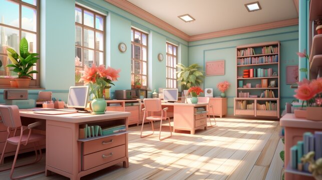 A pink and blue themed classroom with large windows and pink furniture