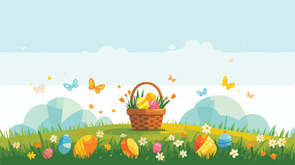Easter background with basket or hamper full of East - obrazy, fototapety, plakaty
