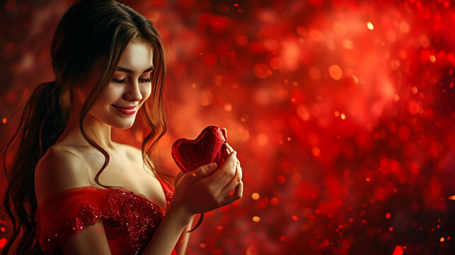 A stunning portrait of a woman exuding elegance and grace, adorned in a vibrant red dress, gently holding a soft red heart in her hands. 