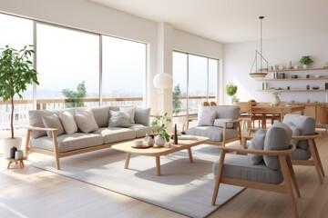Fototapeta premium Airy and bright living room with large windows and a balcony