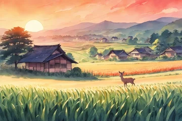  a beautiful nature field with mountain view forest landscape painting illustration © boying