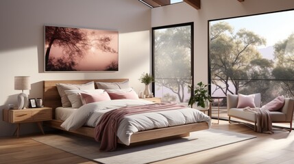 A bedroom with a large bed, a pink blanket, and a wooden nightstand.